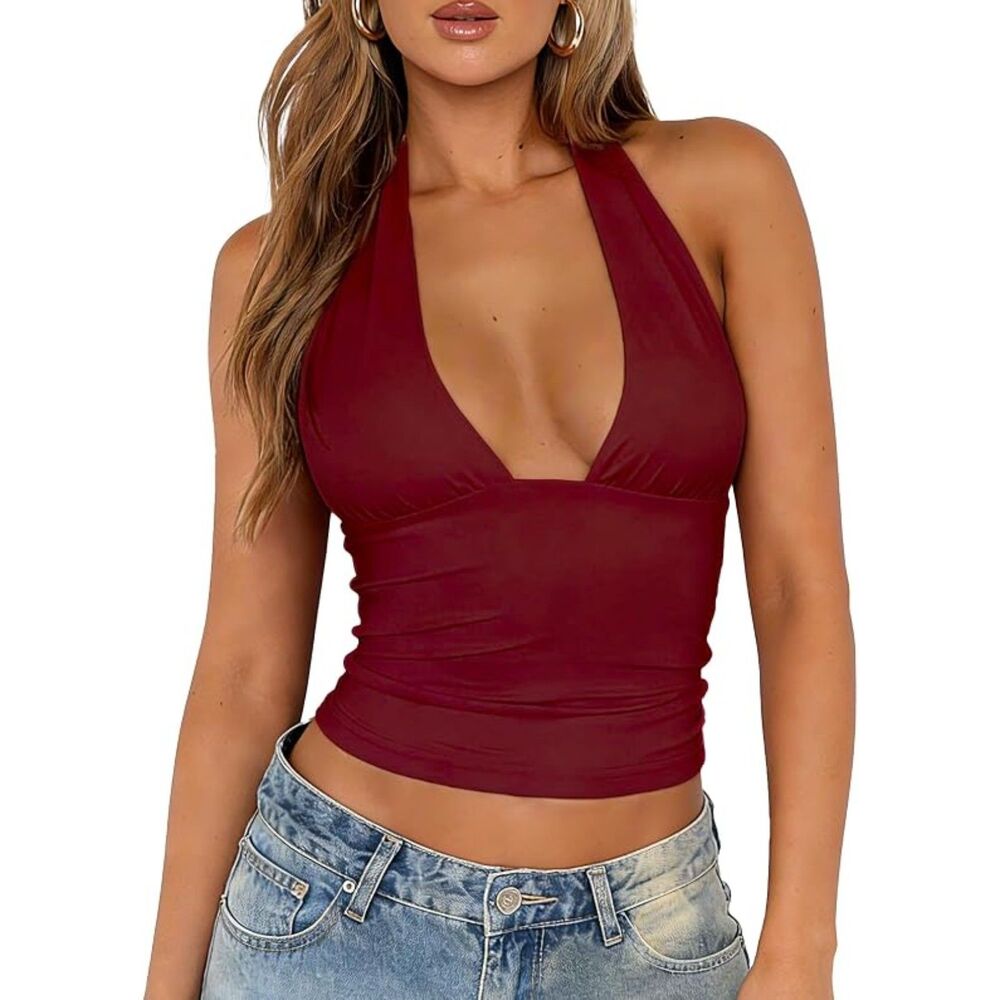 Y2K Burgundy Halter Crop Top | Backless Deep V Sexy Tank